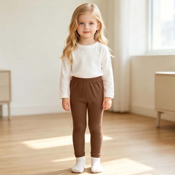 Amidoa Girls Leggings Yoga Full Length Stretchy Tights Soft Pants School Uniform Pants for Kids Brown Size 2-3 Years
