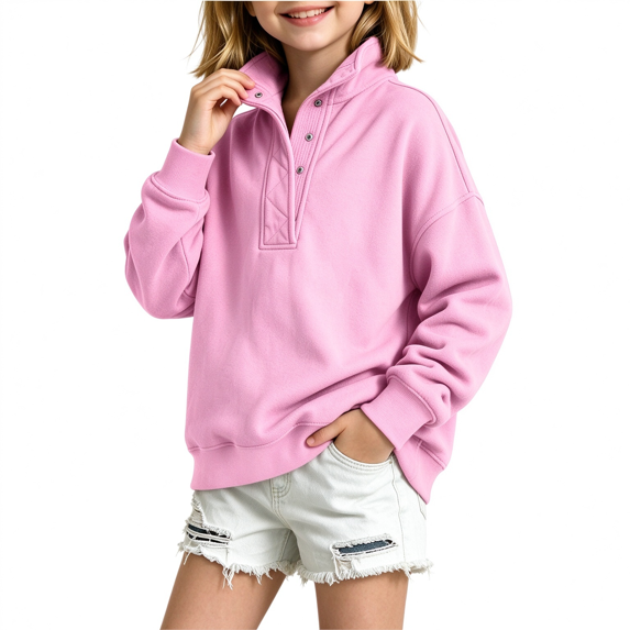 Amidoa Girls Oversized Sweatshirt Button Stand Collar Fleece Pullover Sweatshirt Kids Long Sleeve Fall Winter Tops Pink Size 5-6Years
