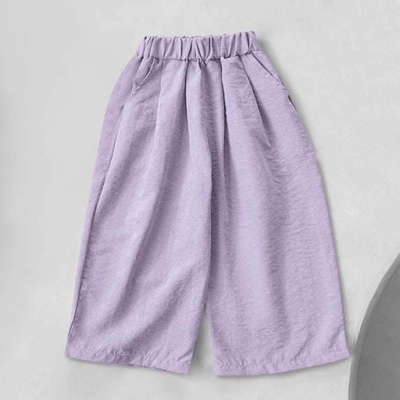 Amidoa Girls Pants Elastic Waist Baggy Wide Leg Pants Kids Casual Pants Purple 8 Years