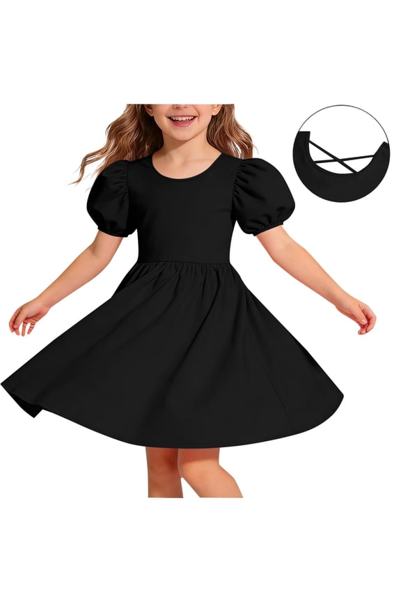 Girls Puff Sleeve Dresses- Casual Crewneck Short Sleeve Cute Summer Midi Dress Black Size 5-14