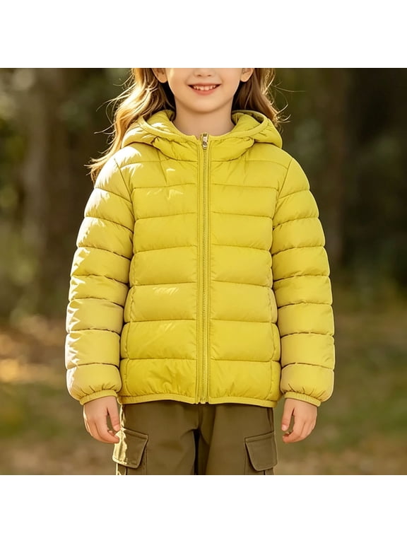 Girls Puffer Jacket Kid Waterproof Coat Fleece Lined Lightweight Windbreaker Winter Outerwear with Pockets Yellow Size 9-10Years