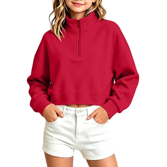 Amidoa Girls Quarter Zip Stand Collar Cropped Sweatshirt Kids Long Sleeve Casual Fleece Pullover Tops Red Size 11-12 Years