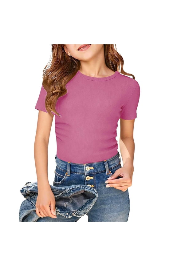 Girls Ribbed T Shirts- Crewneck Soft Short Sleeve Casual Kids Summer Tops Basic Tees Pink Size 5-14