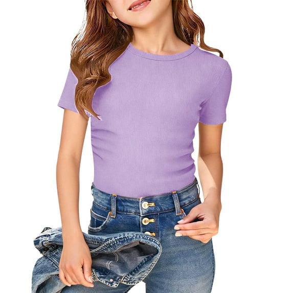 Amidoa Girls Ribbed T Shirts- Short Sleeve Crewneck Casual Soft Kids Summer Tops Basic Tees Purple Size 5T