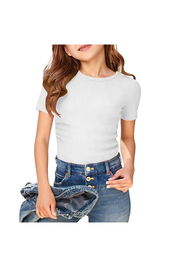 Girls Ribbed T Shirts- Soft Crewneck Short Sleeve Casual Kids Summer Tops Basic Tees White Size 12
