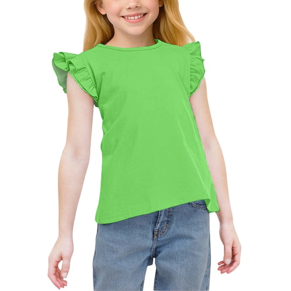 Amidoa Girls Short Sleeve Crewneck Ruffle Sleeve Solid Color Summer T Shirts Casual Kids Tops Green Size 4T
