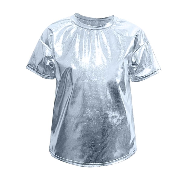 Amidoa Girls Short Sleeve Crewneck Solid Color Summer T Shirts Casual Kids Tops Silver Size 100