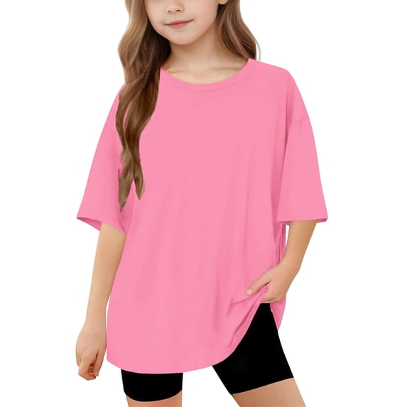 Amidoa Girls Short Sleeve Crewneck Solid Color T-shirt Soft Casual Cute Summer Tops Hot Pink,14 Years