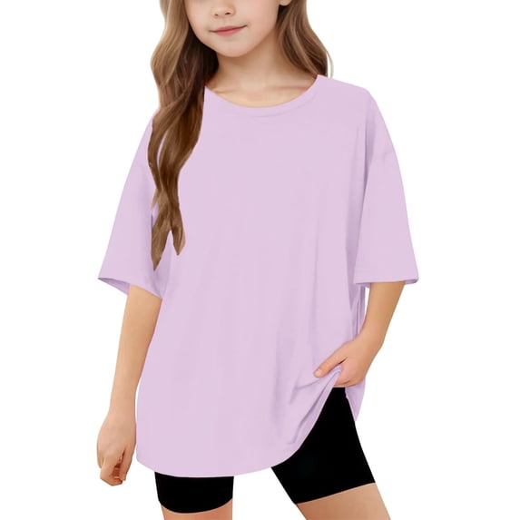 Amidoa Girls Short Sleeve Crewneck Solid Color T-shirt Soft Casual Cute Summer Tops Purple,8 Years