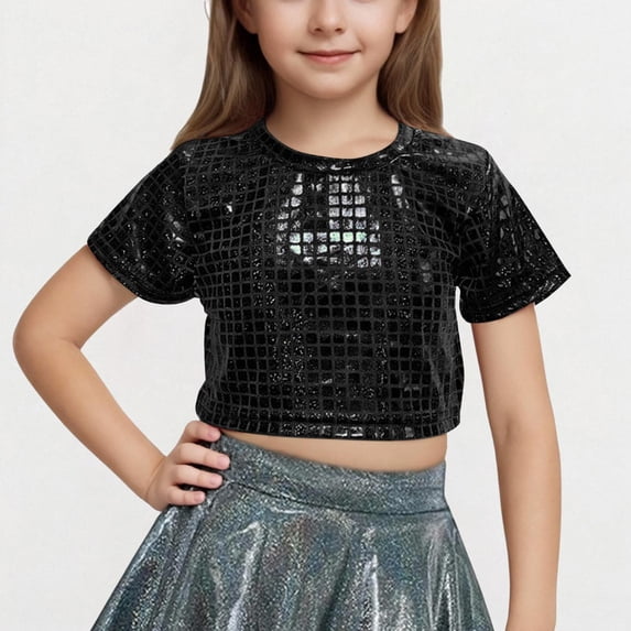 Amidoa Girls Short Sleeve Crewneck Summer Solid Color T Shirts Casual Kids Tops Black Size 7