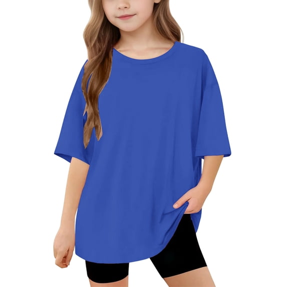 Amidoa Girls Short Sleeve Crewneck Summer Solid Color T Shirts Kids Casual Tops Blue Size 10