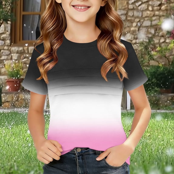 Amidoa Girls Short Sleeve Cute Graphic T-Shirts Tops Casual Soft Summer Kids Crewneck Tees,Black Size 8