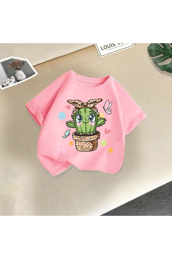 Girls Short Sleeve Graphic Cotton Crewneck T-shirt Soft Casual Summer Cute Tops,Pink,12-13 Years