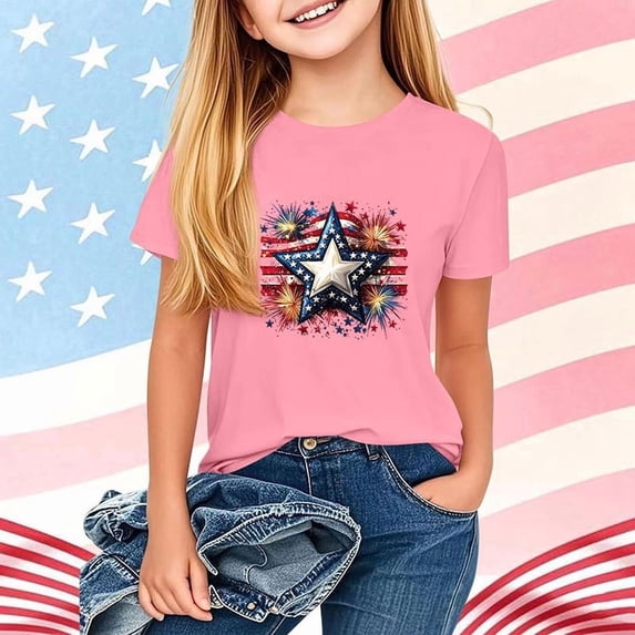 Amidoa Girls Short Sleeve Graphic Crewneck Summer Independence Day T Shirts Kids Casual Tops Pink Size 12