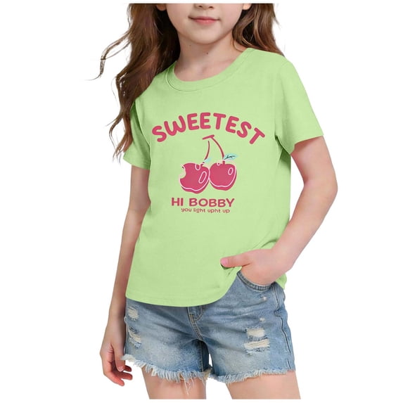 Amidoa Girls Short Sleeve Graphic Crewneck Summer T Shirts Casual Kids Cotton Tops Green Size 3T