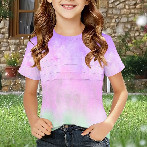 Amidoa Girls Short Sleeve Graphic Cute T-Shirts Tops Casual Kids Soft Summer Crewneck Tees,Purple Size 10