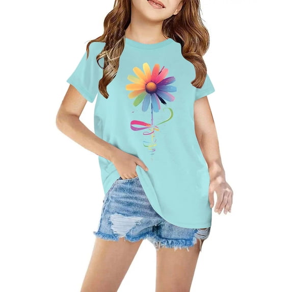 Amidoa Girls Short Sleeve Graphic Summer Crewneck T Shirts Kids Cotton Casual Tops Blue Size 3T