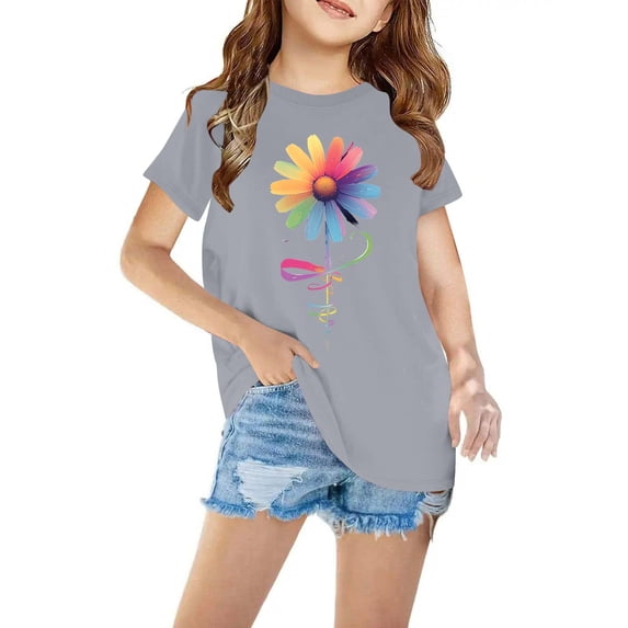 Amidoa Girls Short Sleeve Graphic Summer Crewneck T Shirts Kids Cotton Casual Tops Gray Size 8