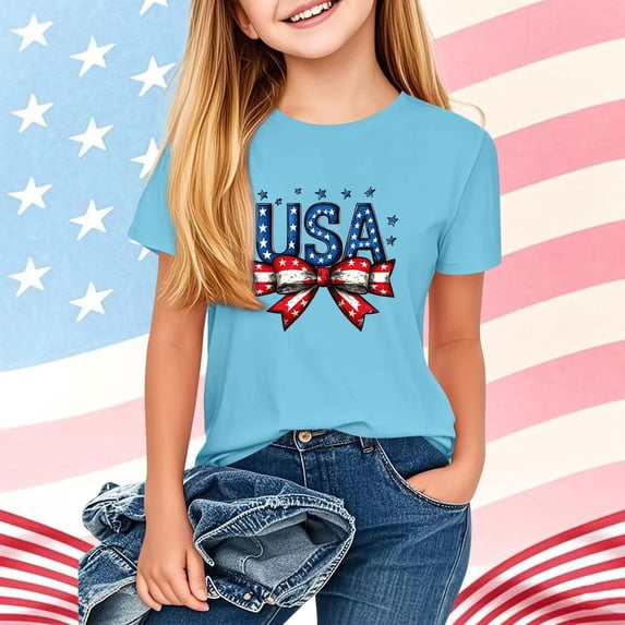Amidoa Girls Short Sleeve Graphic Summer Independence Day Crewneck T Shirts Kids Casual Tops Blue Size 11