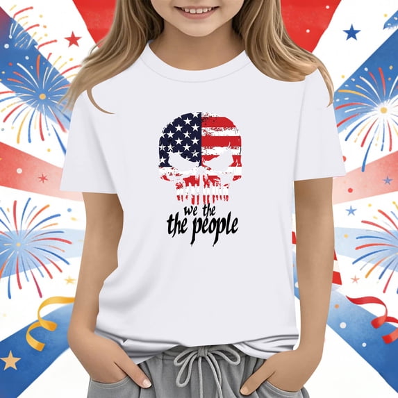 Amidoa Girls Short Sleeve Graphic Summer Independence Day Crewneck T Shirts Kids Casual Tops White Size 11