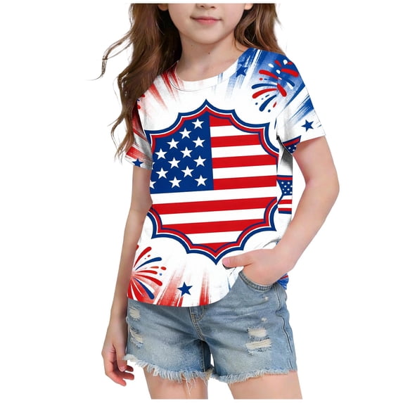 Amidoa Girls Short Sleeve Independence Day Graphic Crewneck Summer T Shirts Casual Kids Tops White Size 3T