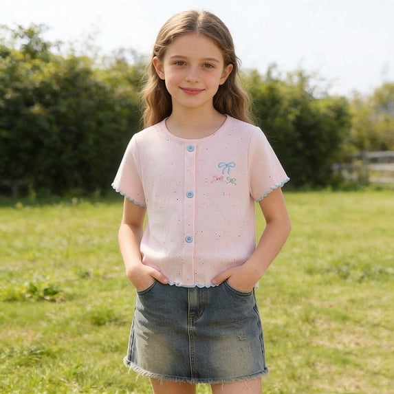 Amidoa Girls Short Sleeve Ruffle Sleeve Crewneck Summer T Shirts Casual Cotton Kids Tops Pink Size 6