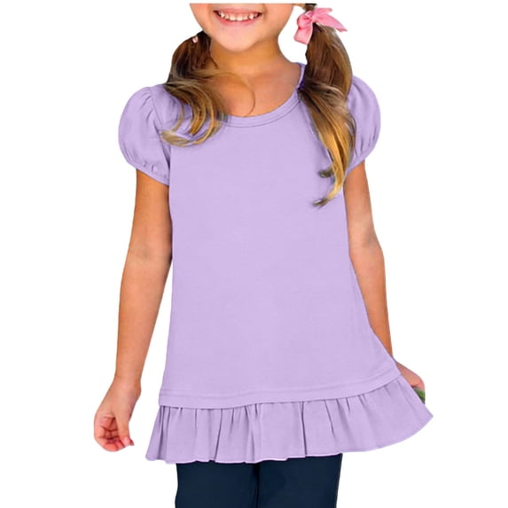Amidoa Girls Short Sleeve Ruffle Sleeve Solid Color Summer Crewneck T Shirts Kids Casual Cotton Tops Purple Size 14