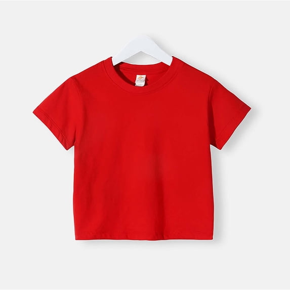 Amidoa Girls Short Sleeve Solid Color Crewneck Summer T Shirts Kids Casual Cotton Tops Red Size 8