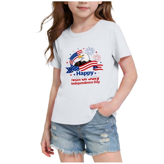 Amidoa Girls Short Sleeve Summer Graphic Independence Day Crewneck T Shirts Kids Casual Tops White Size 13