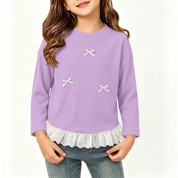 Amidoa Girls Solid Color Long Sleeve Fall Crewneck Top Bow Lace Hem Base Layer Soft Undershirt Purple 3-4Years