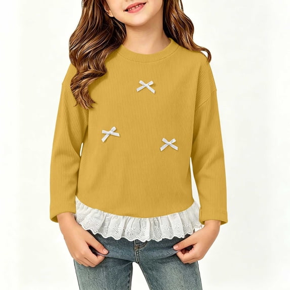 Amidoa Girls Solid Color Long Sleeve Fall Crewneck Top Bow Lace Hem Base Layer Soft Undershirt Yellow 3-4Years