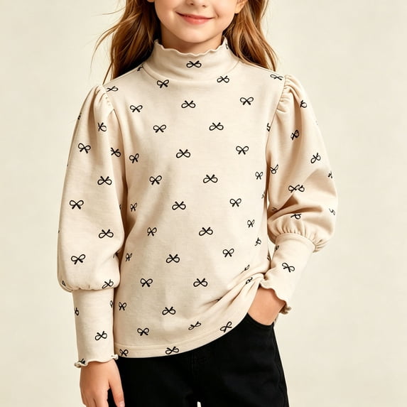 Amidoa Girls Solid Color Long Sleeve T-Shirts Kids Casual Tees Beige 9-10Years