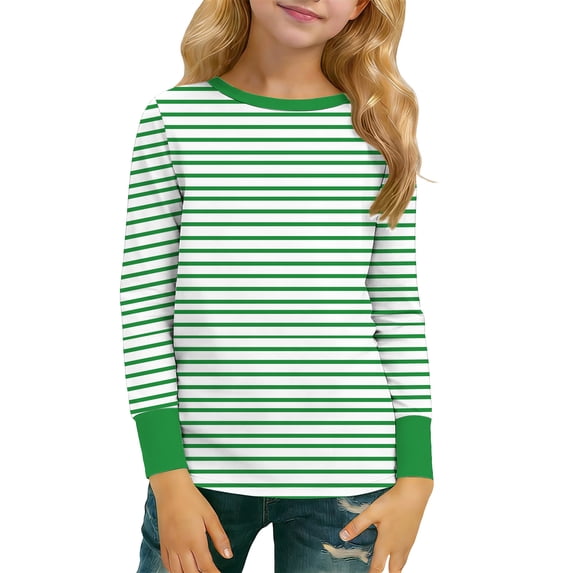 Amidoa Girls Stripe Long Sleeve Cute T-Shirts Kids Casual Soft Tees Green 13 Years