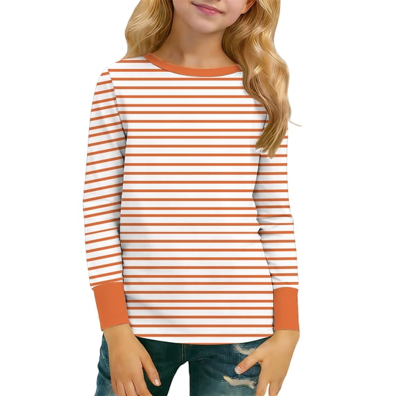 Amidoa Girls Stripe Long Sleeve Cute T-Shirts Kids Casual Soft Tees Orange 7 Years