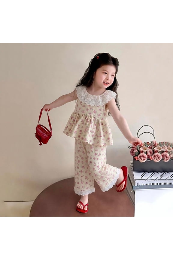 Girls Summer 2 Piece Outfits Cute Cotton Sleeveless Tops Tops and Casual Pants Kids Clothing Set Multicolor Size 5T Multicolor Size 5T