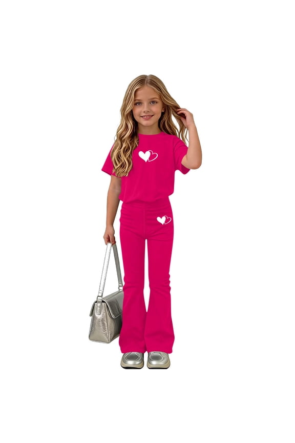 Girls Summer 2 Piece Outfits Cute Floral Short Sleeve and Casual Pants Kids Clothing Set Hot Pink Size 6 Hot Pink Size 8