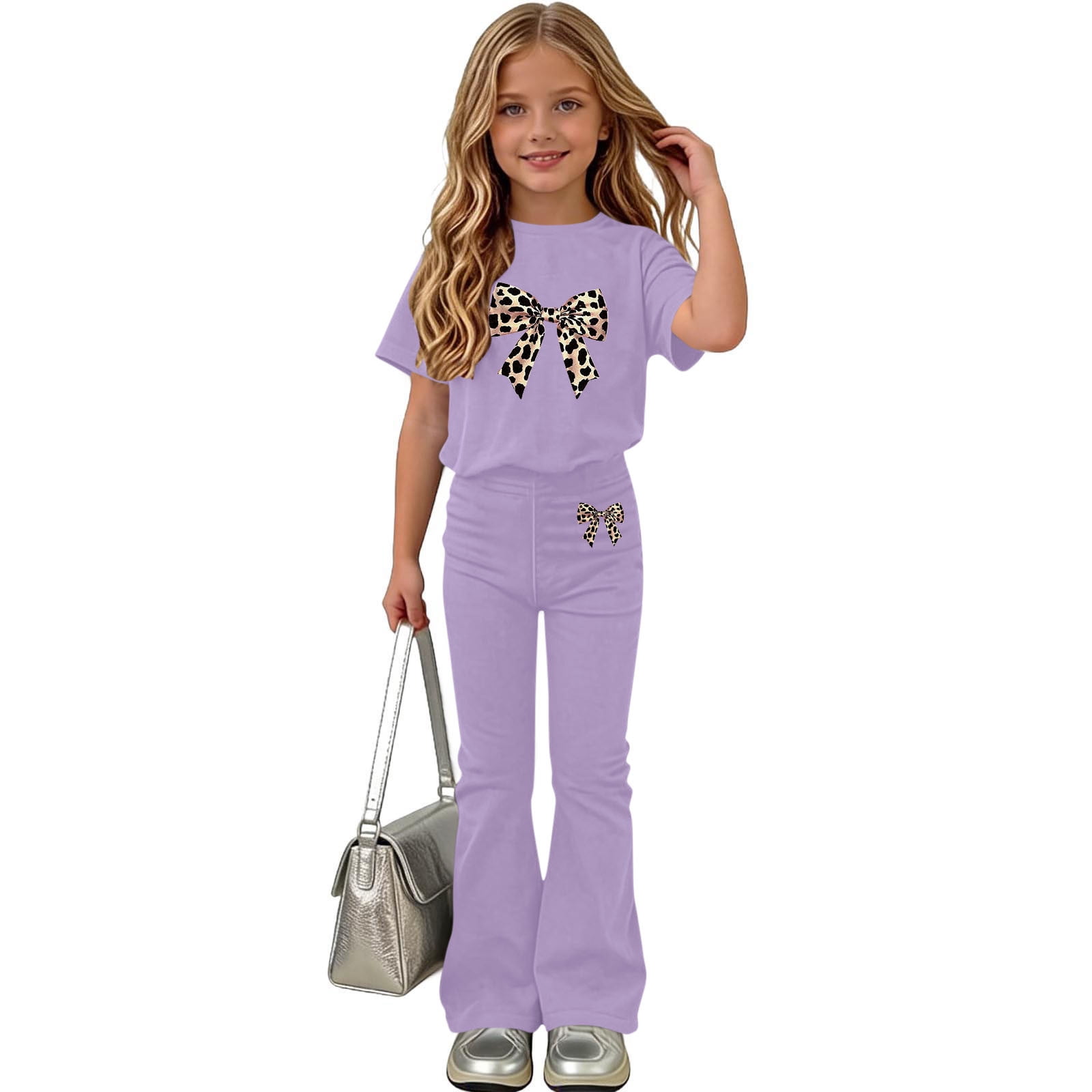 Girls Summer 2 Piece Outfits Cute Floral Short Sleeve and Casual Pants Kids Clothing Set Purple Size 10 Purple Size 8
