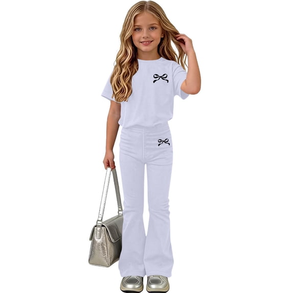 Amidoa Girls Summer 2 Piece Outfits Cute Floral Short Sleeve and Casual Pants Kids Clothing Set White Size 12 White Size 12
