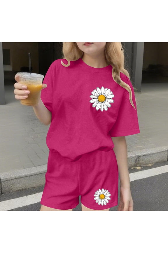 Girls Summer 2 Piece Outfits Cute Floral Short Sleeve and Casual Shorts Kids Clothing Set Hot Pink Size 10