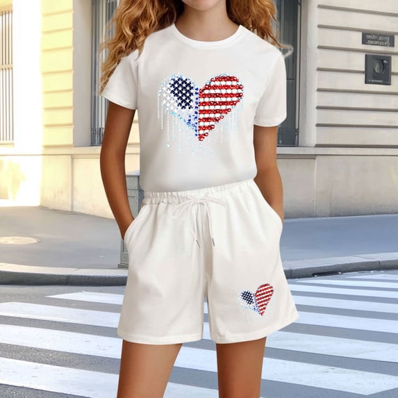 Amidoa Girls Summer 2 Piece Outfits Cute Floral Short Sleeve and Casual Shorts Kids Clothing Set White Size 8
