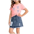 thumbnail image 1 of Amidoa Girls Summer 2 Piece Outfits Cute Floral Short Sleeve and Elastic Waist Denim Skirt Kids Clothing Set Pink Size 6, 1 of 6