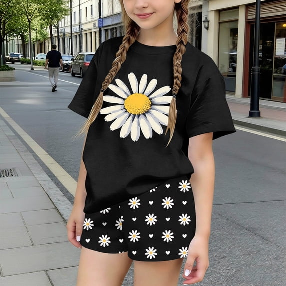 Amidoa Girls Summer 2 Piece Outfits Cute Floral Short Sleeve and Elastic Waist Shorts Kids Clothing Set Black Size 3T Black Size 3T