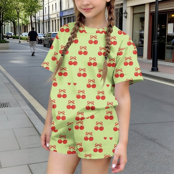 Amidoa Girls Summer 2 Piece Outfits Cute Floral Short Sleeve and Elastic Waist Shorts Kids Clothing Set Green Size 5T Green Size 5T