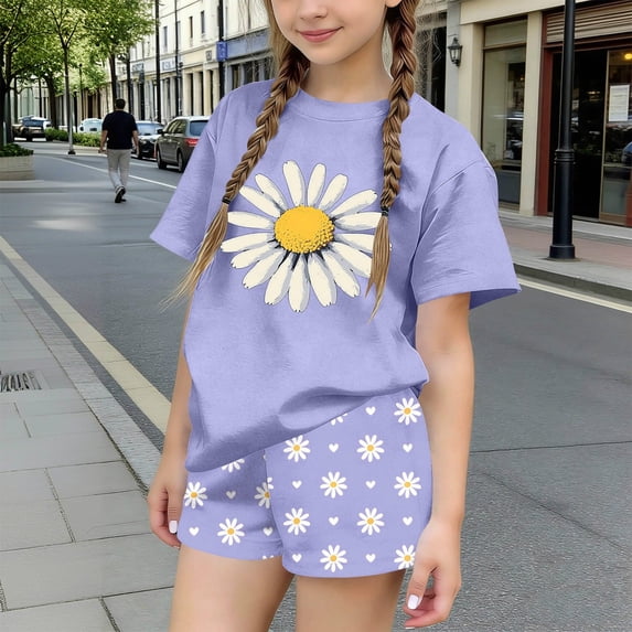 Amidoa Girls Summer 2 Piece Outfits Cute Floral Short Sleeve and Elastic Waist Shorts Kids Clothing Set Purple Size Purple Size 12