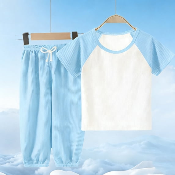 Amidoa Girls Summer 2 Piece Outfits Cute Short Sleeve and Casual Pants Kids Clothing Set Sky Blue Size 3T