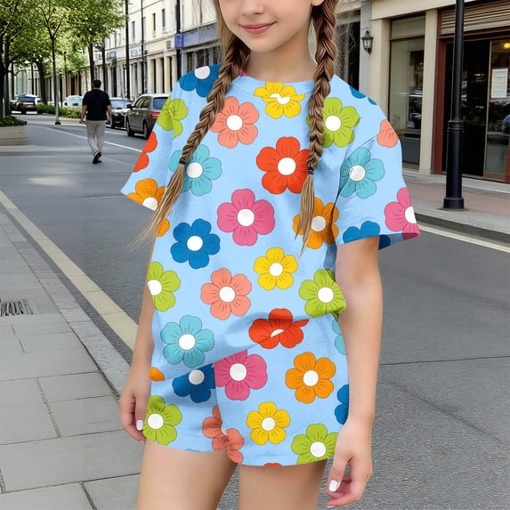 Amidoa Girls Summer 2 Piece Outfits Floral Cute Short Sleeve and Elastic Waist Shorts Kids Clothing Set Blue Size 4T Blue Size 4T