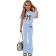 thumbnail image 1 of Amidoa Girls Summer 2 Piece Outfits Kids Print Short Sleeve and Pants Casual Clothing Sets Light Blue Size 5T, 1 of 7