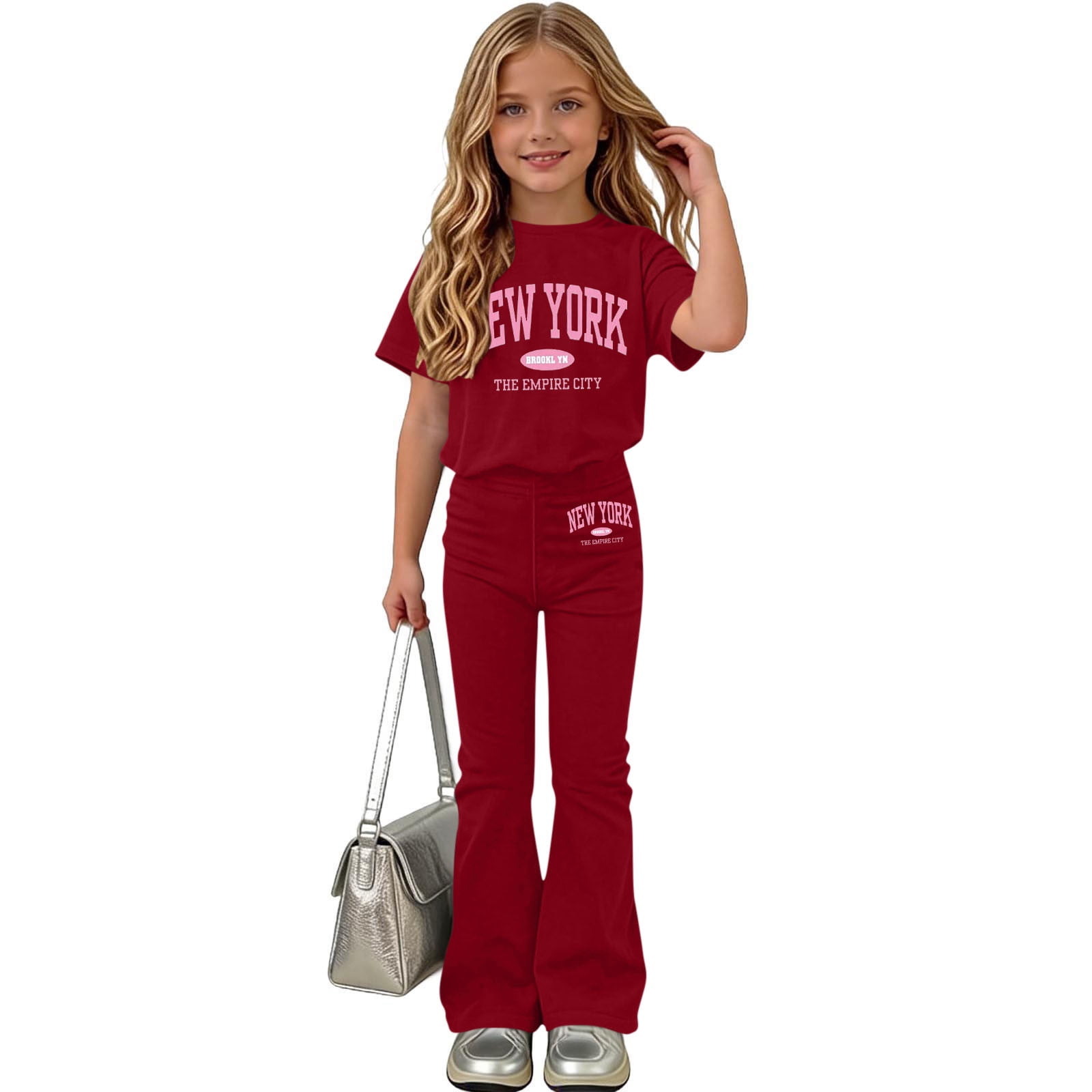 Girls Summer 2 Piece Outfits Kids Print Short Sleeve and Pants Casual Clothing Sets Red Size 8
