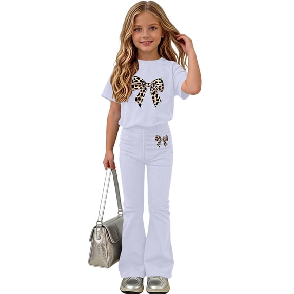Amidoa Girls Summer 2 Piece Outfits Kids Print Short Sleeve and Pants Casual Clothing Sets White Size 7