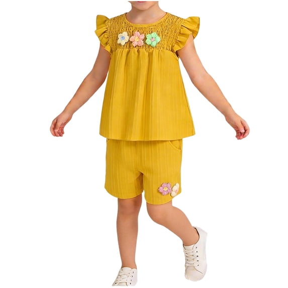 Amidoa Girls Summer 2 Piece Outfits Kids Ruffle Sleeve Short Sleeve and Shorts Casual Clothing Sets Yellow Size 9